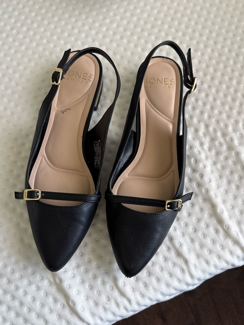 J. Crew Black Pointed Slingback Flats with Gold Buckles